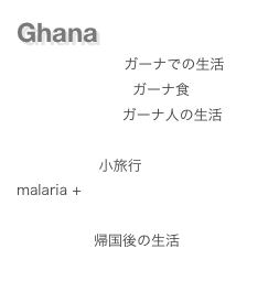 Ghana
Life in Ghana　ガーナでの生活
Ghanaian foods ガーナ食
Ghanaian life　ガーナ人の生活

excursion　小旅行
malaria + 

and then　帰国後の生活